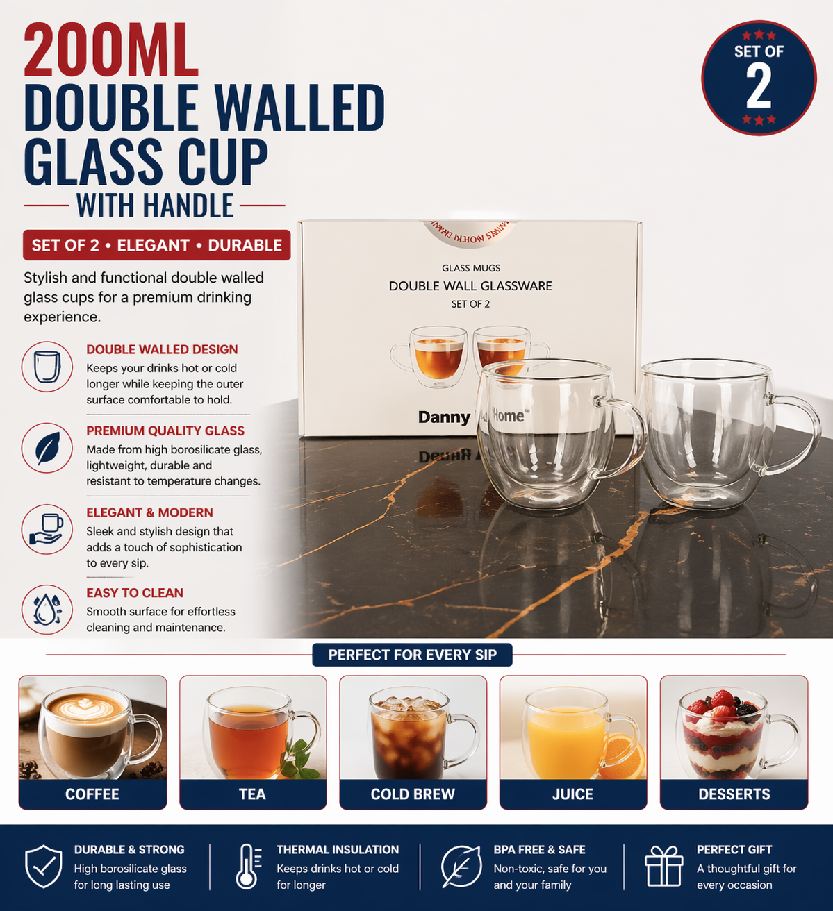 200ml double walled cup with handle