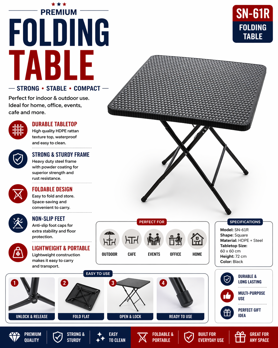 SN-61R Black Foldable Table