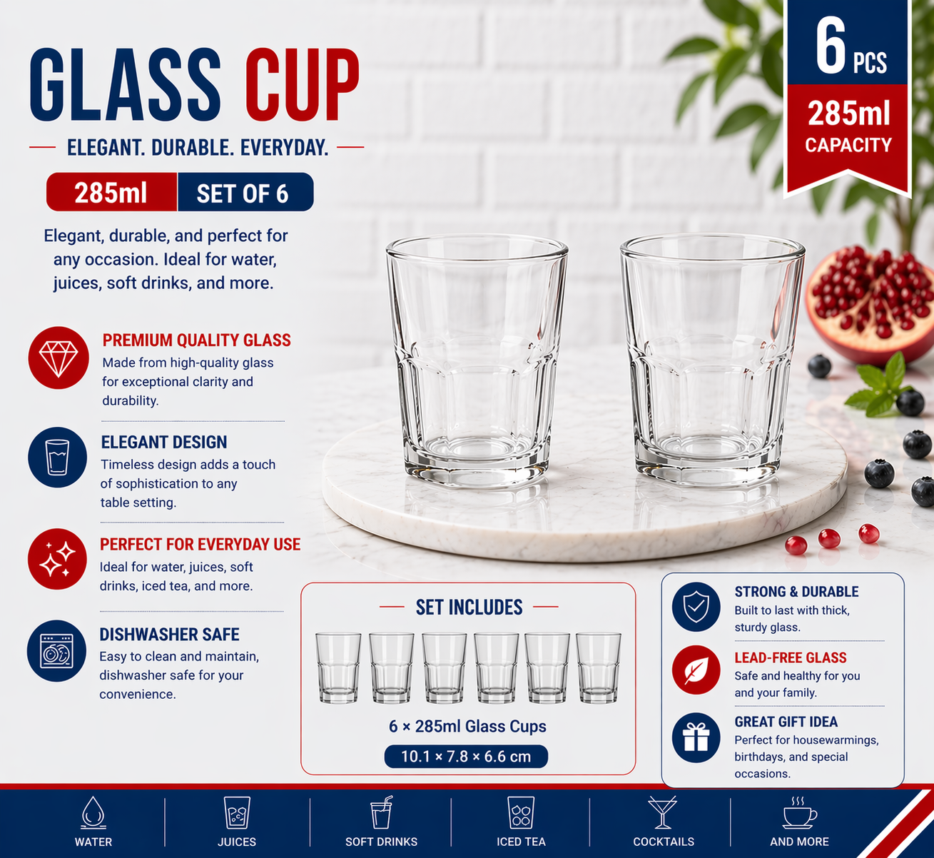 "glass cup 6pcs/color box Unit:Set 10.1*7.8*6.6cm 285ml 10oz"