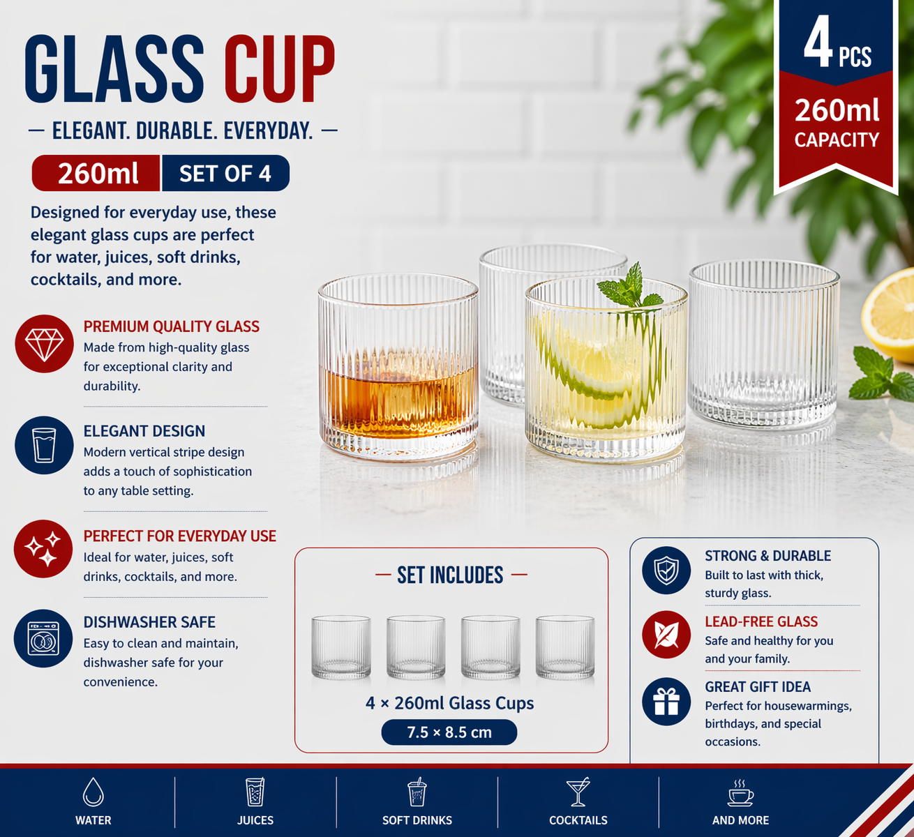 "glass cup 4pcs/color box Unit:Set 7.5*10cm 260ml 254g"