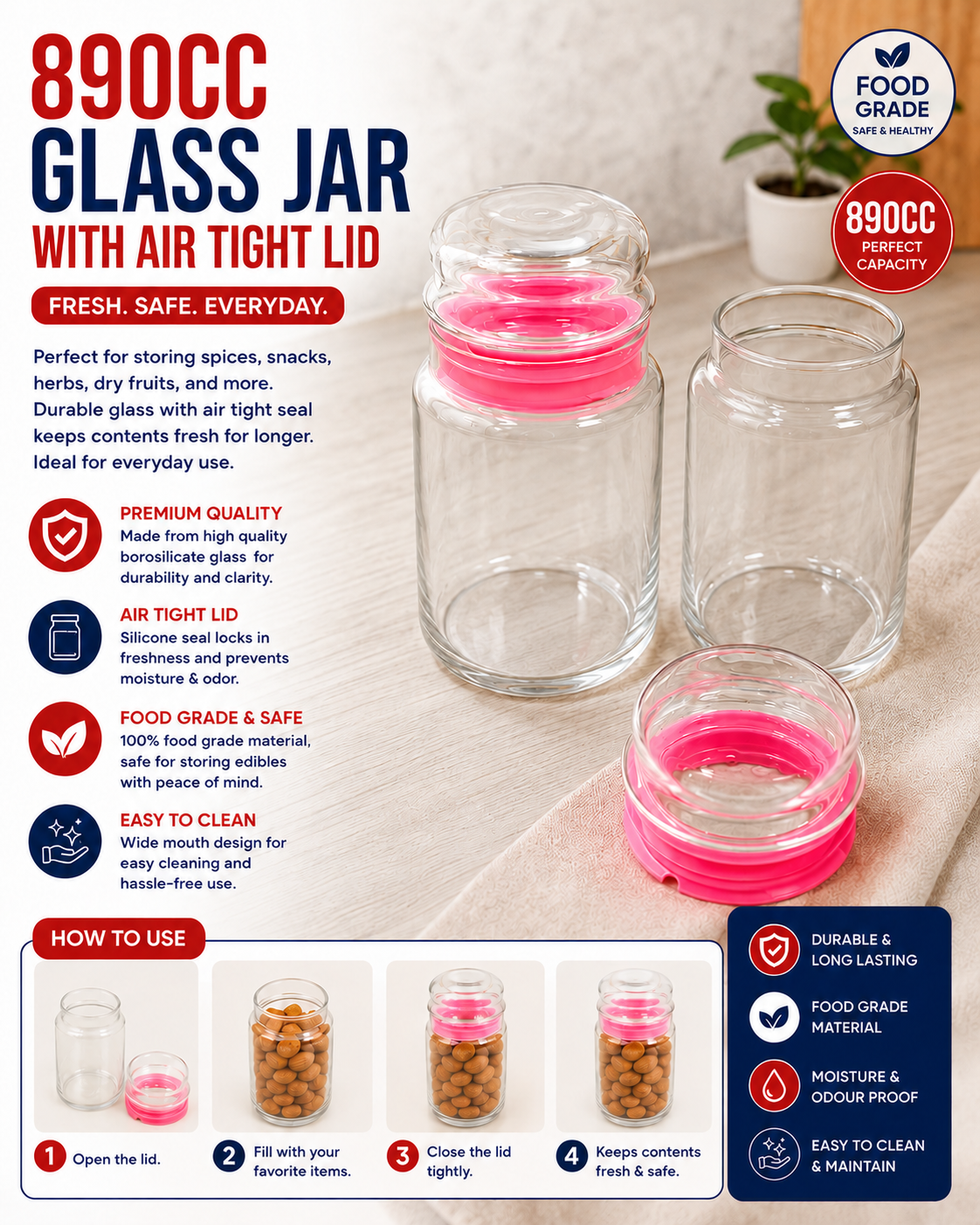 890cc Glass Jar with Airtight Lid (1PC) 30574
