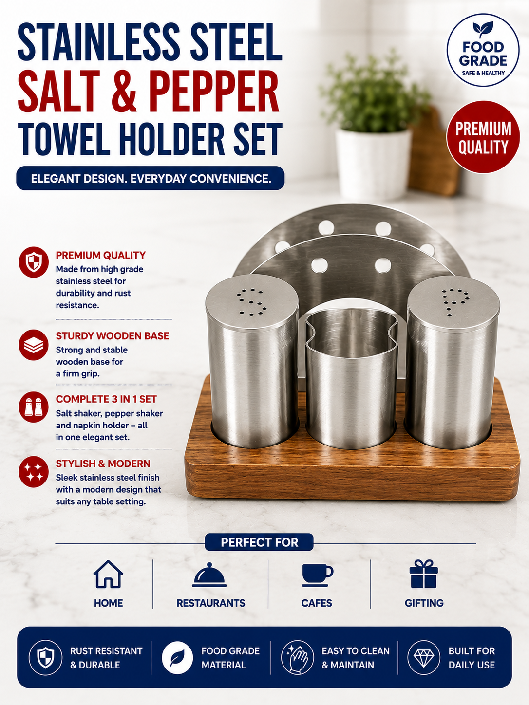 Stainless Steel Salt & Pepper Set (Toothpick & Serviette Holder)