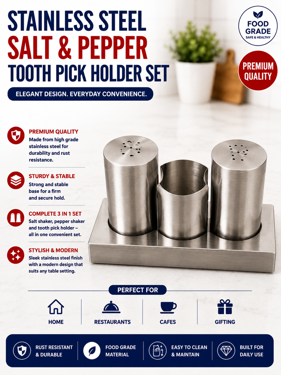 Stainless Steel Salt & Pepper Set (Toothpick & Serviette Holder)