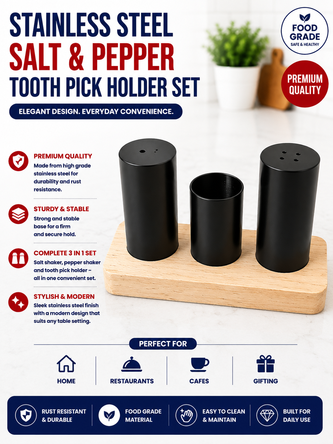 Stainless Steel Salt & Pepper Set (Toothpick & Serviette Holder)