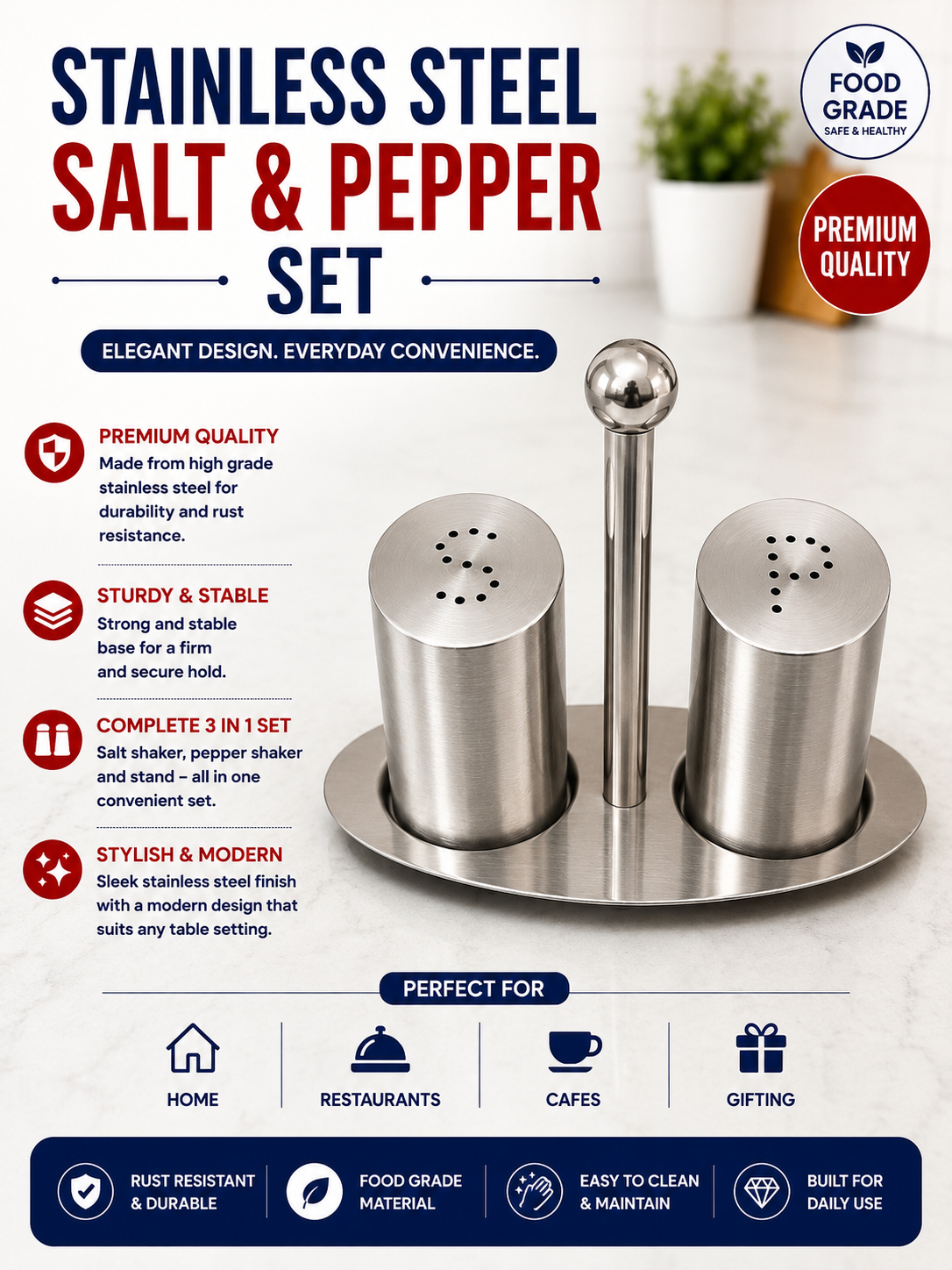 Stainless Steel Salt & Pepper Set (Toothpick & Serviette Holder)