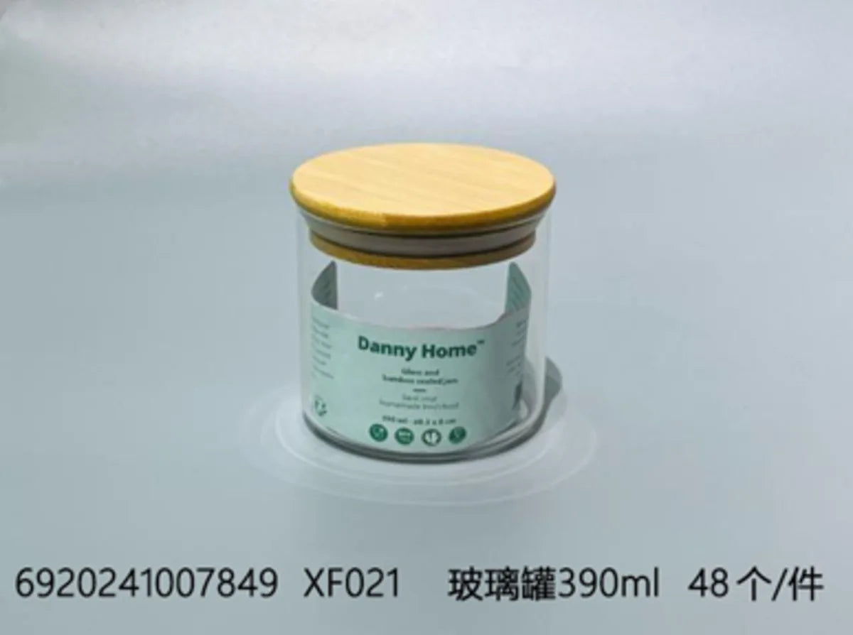 390ml storage jar  Unit:pcs 8.3*8cm  glass+bamboo cover