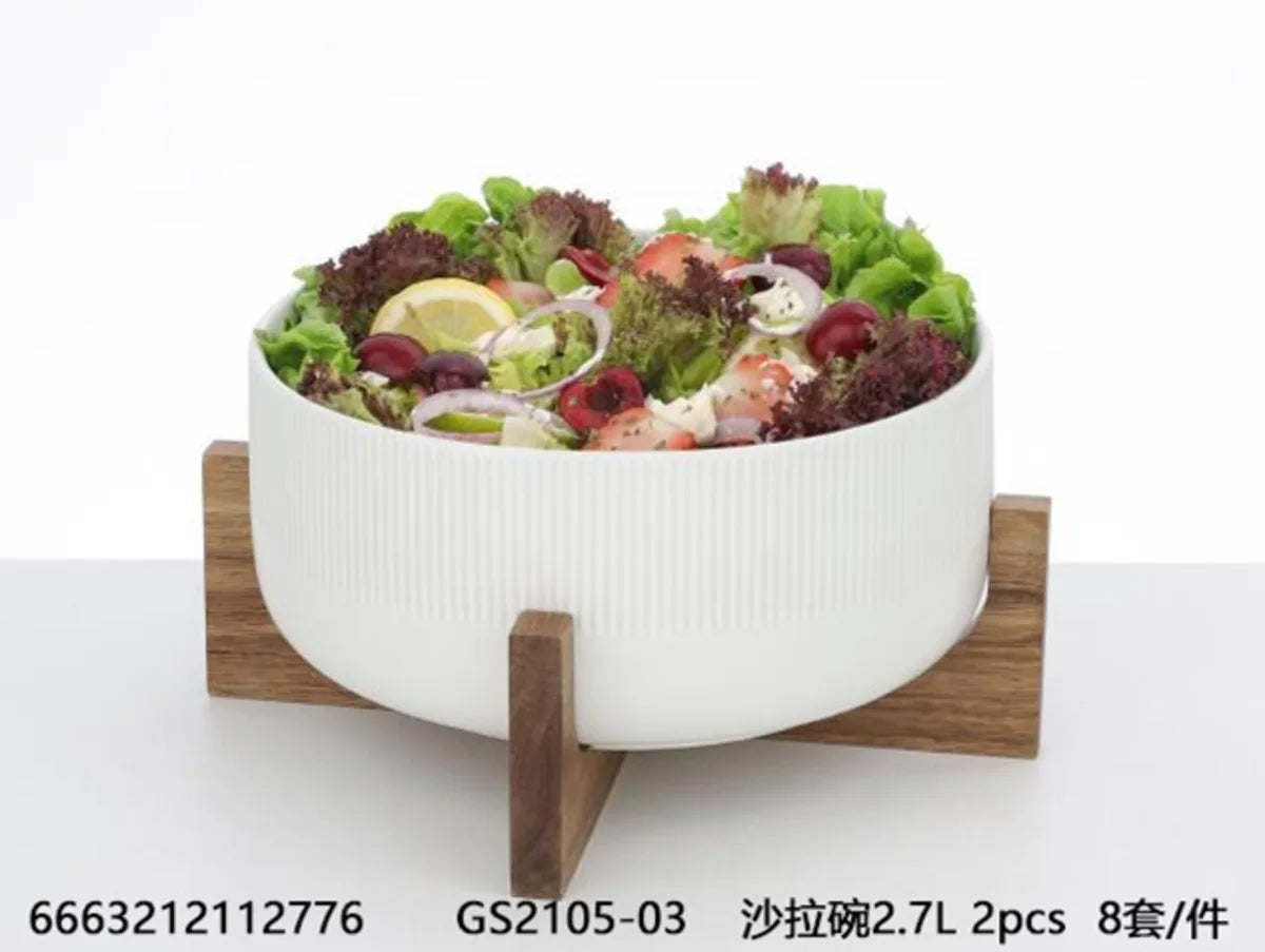 "2.7L Salad  1pcs/color box,unit:pcs bowl&wooden Stand 22.5*10cm Porcelain"