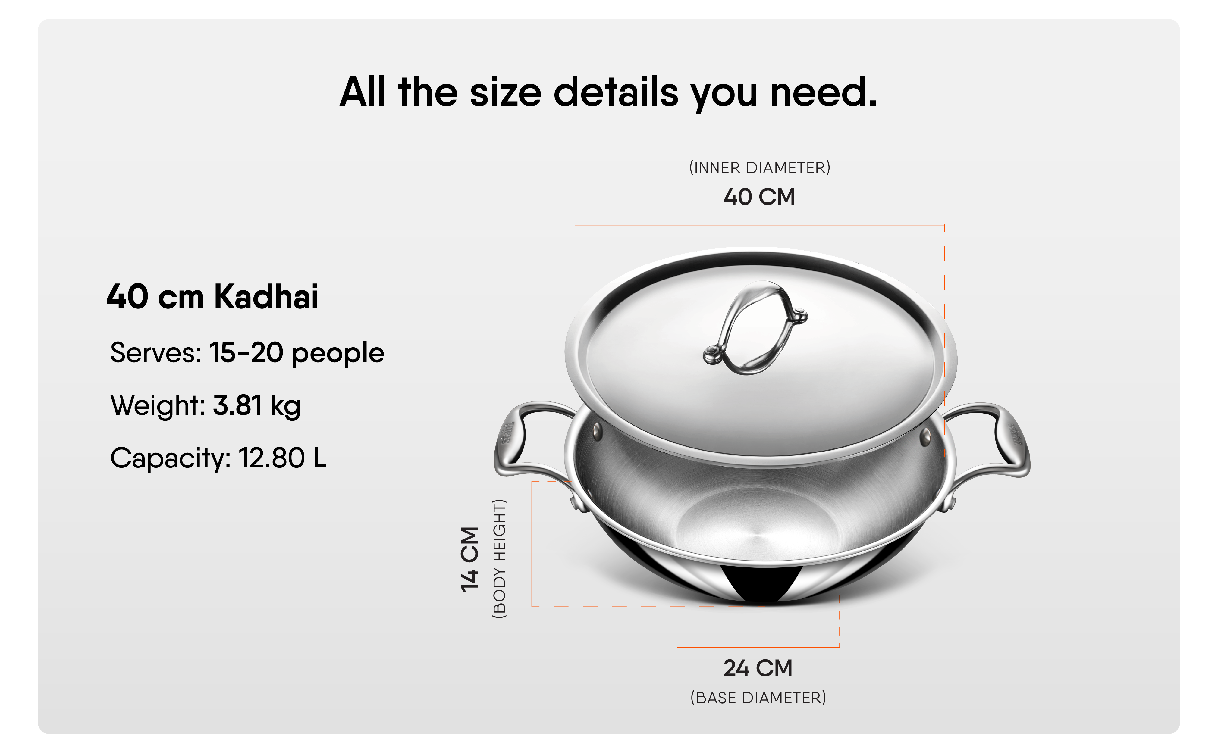 12.8L Triply Artisan Kadhai + Lid 40cm