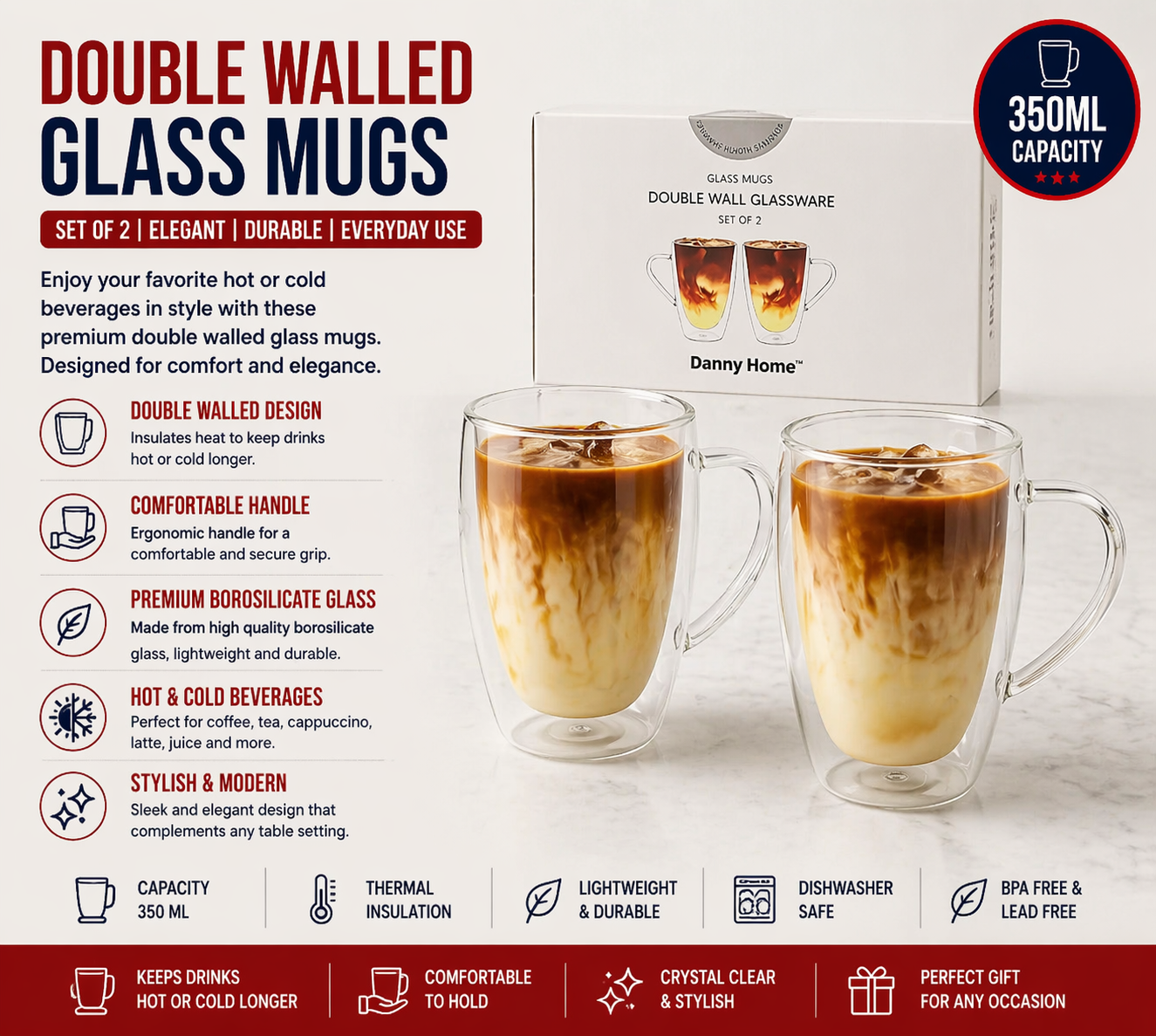 350ml double walled glass with handle