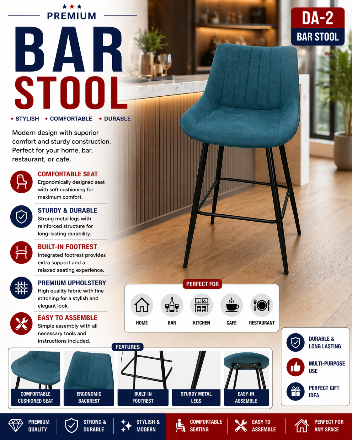 DA-2-1 Blue Bar Stool