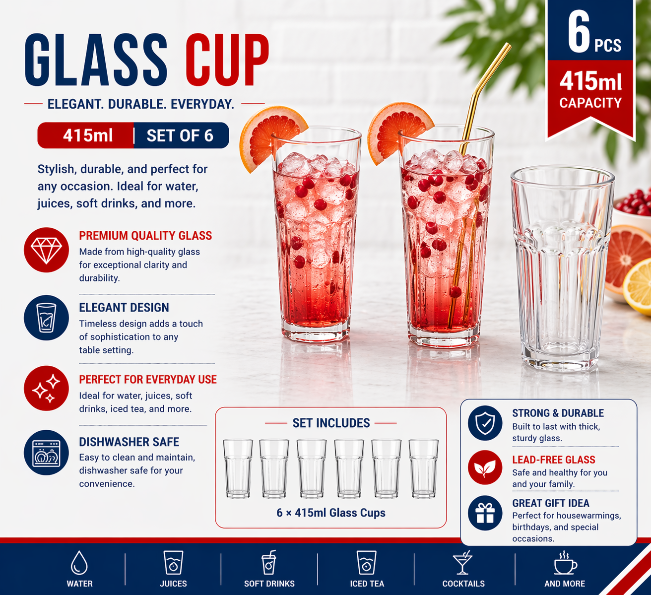 "Glass cup 6pcs/color box Unit:Set 13*8.5*6.5cm 415ml 15oz"