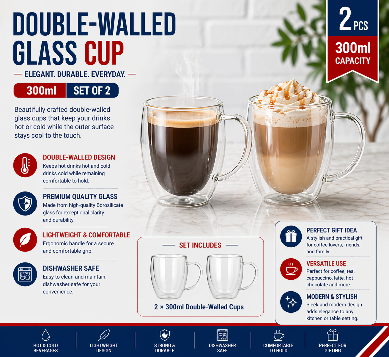 "Double-walled cup 300ml 2pcs with handle 8.5*11cm"