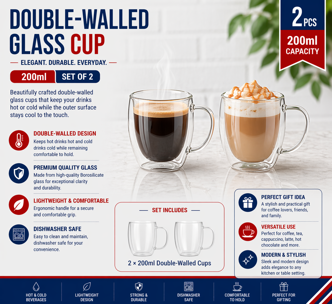 "Double-walled cup 200ml 2pcs with handle 7*10cm"