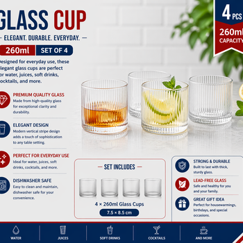 "glass cup 4pcs/color box Unit:Set 7.5*10cm 260ml 254g"