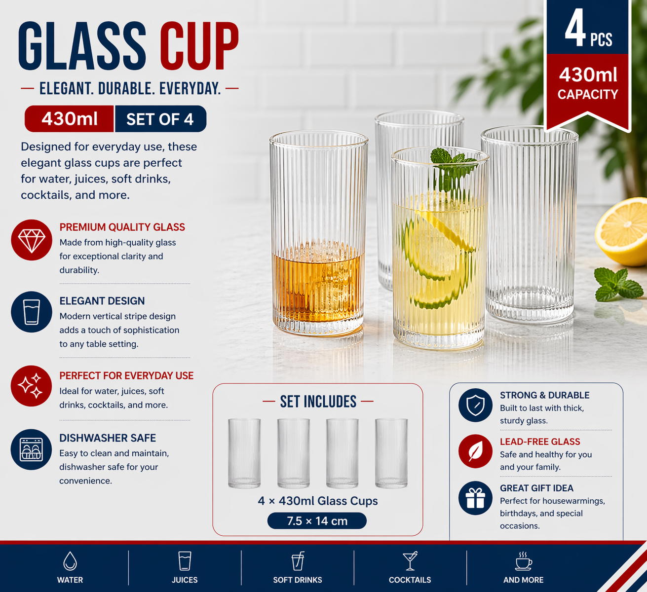 glass cup 4pcs/color box Unit:Set 7.5*14cm 430ml 263g