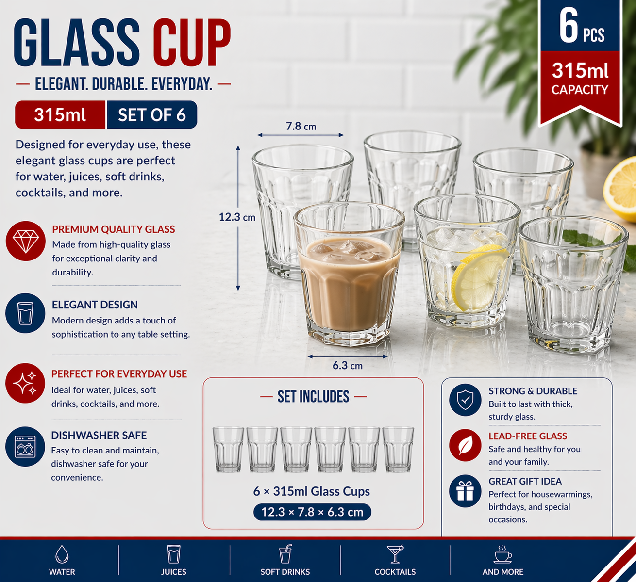 "glass cup 6pcs/color box Unit:Set 12.3*7.8*6.3cm 315ml 11oz"