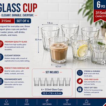 "glass cup 6pcs/color box Unit:Set 12.3*7.8*6.3cm 315ml 11oz"