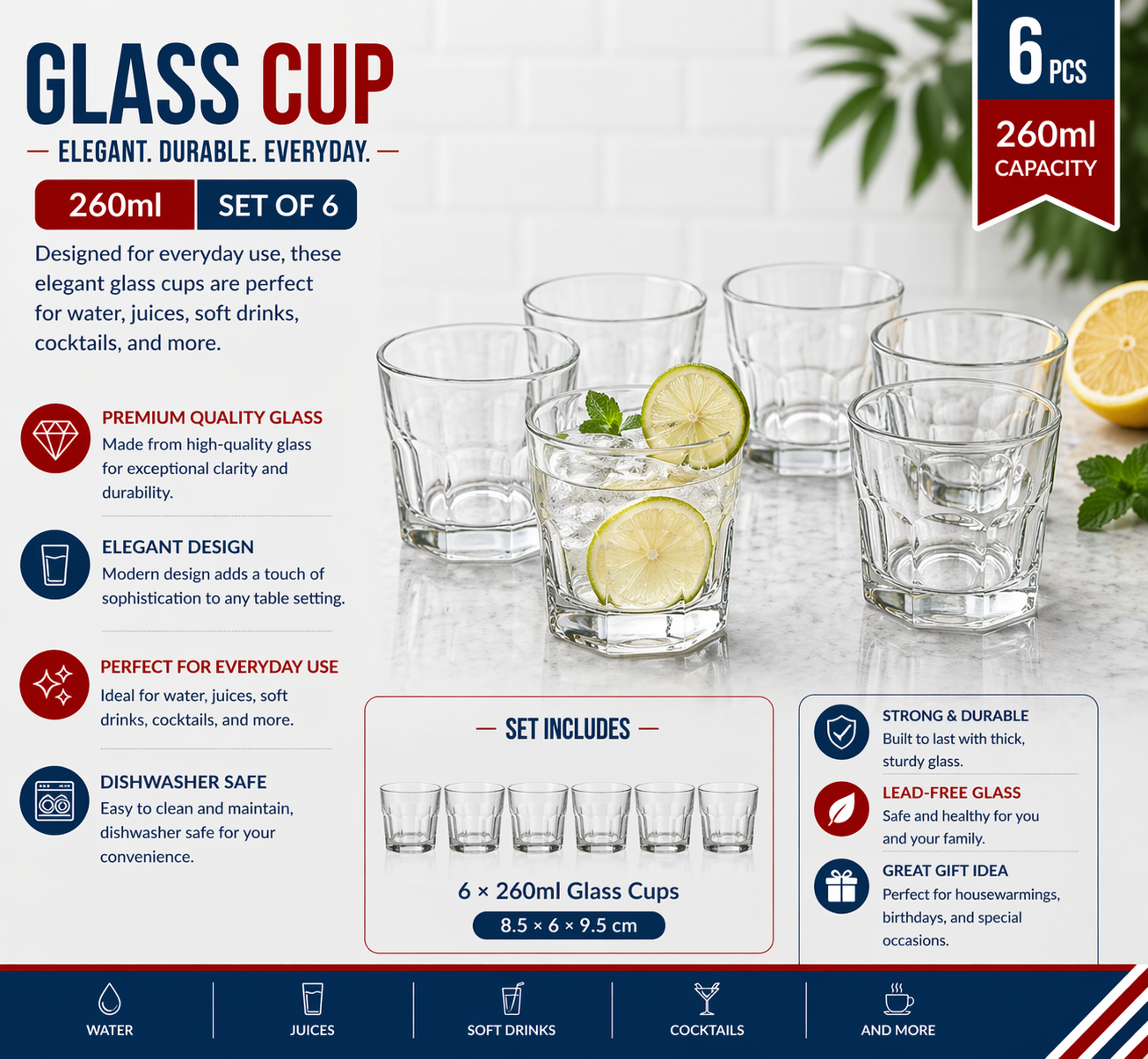 "Glass cup 6pcs/color box Unit:Set 8.5*6*9.5cm 260ml 9oz"