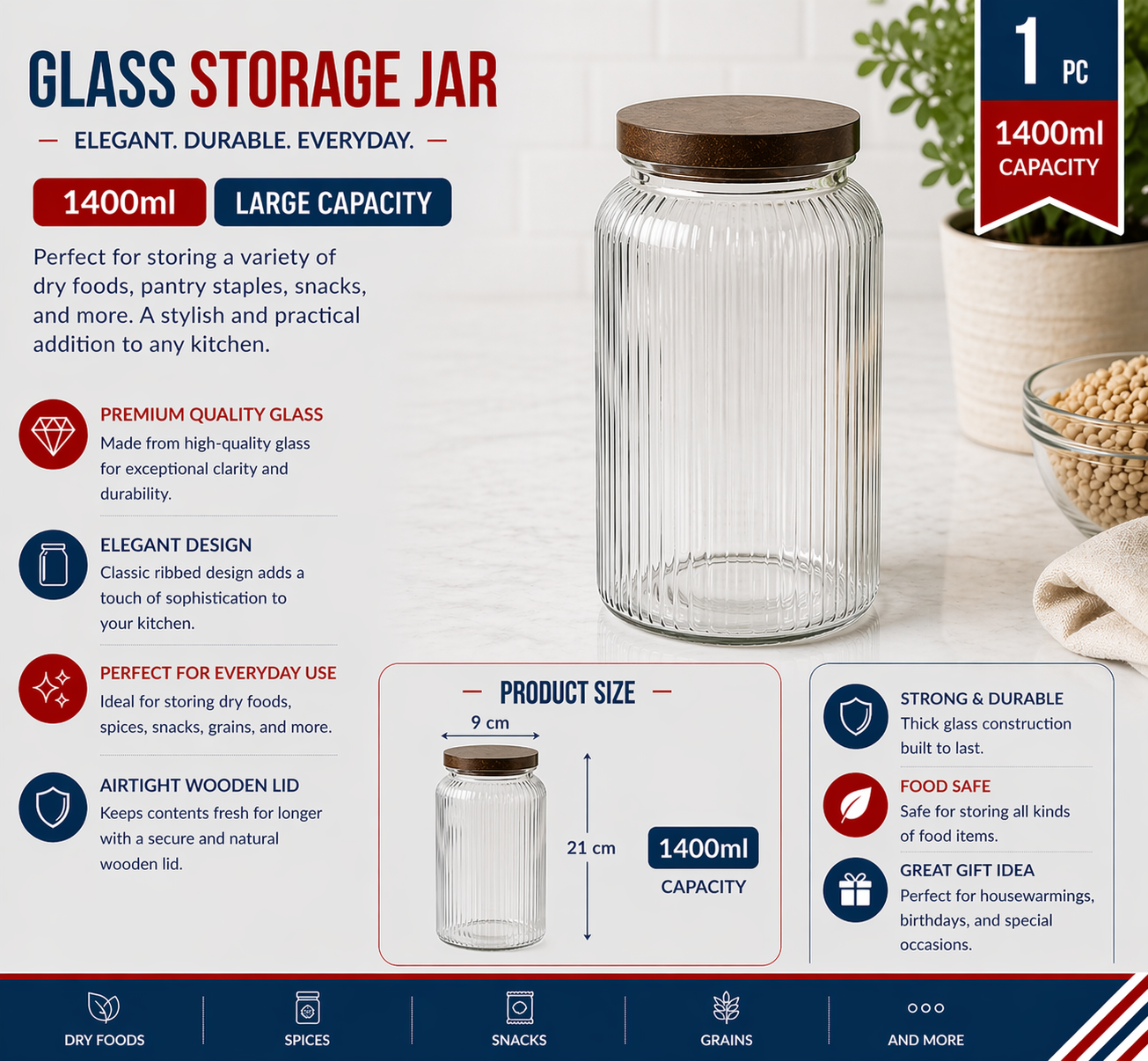 1400ml Glass storage jar Unit:pcs 9*21cm