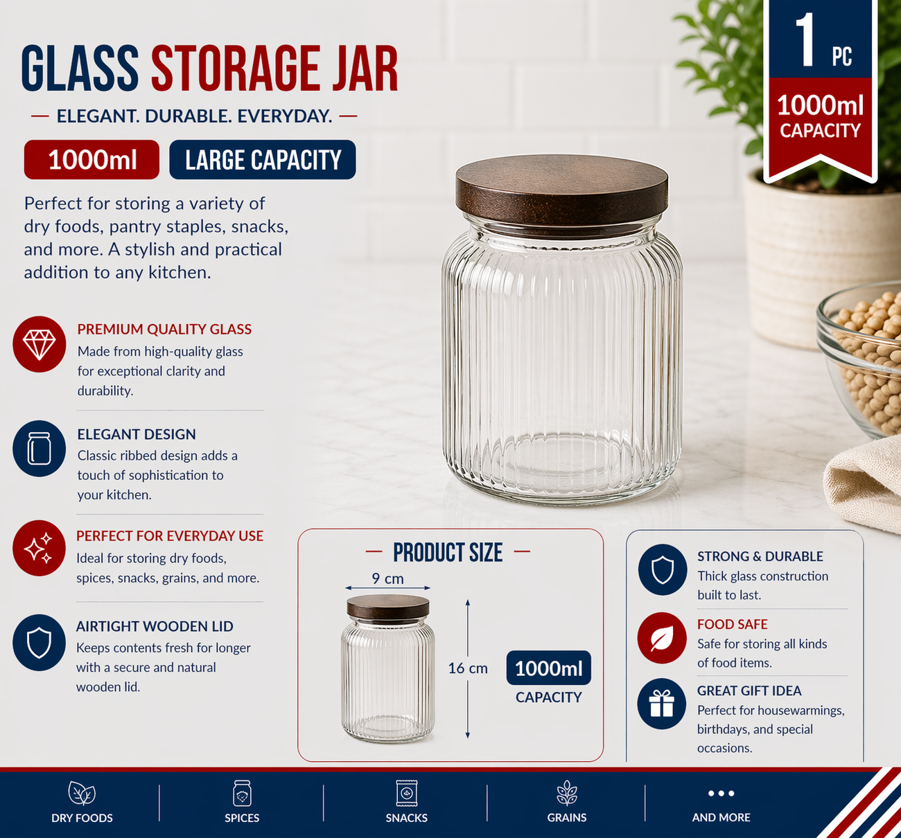 1000ml Glass storage jar 9*16cm