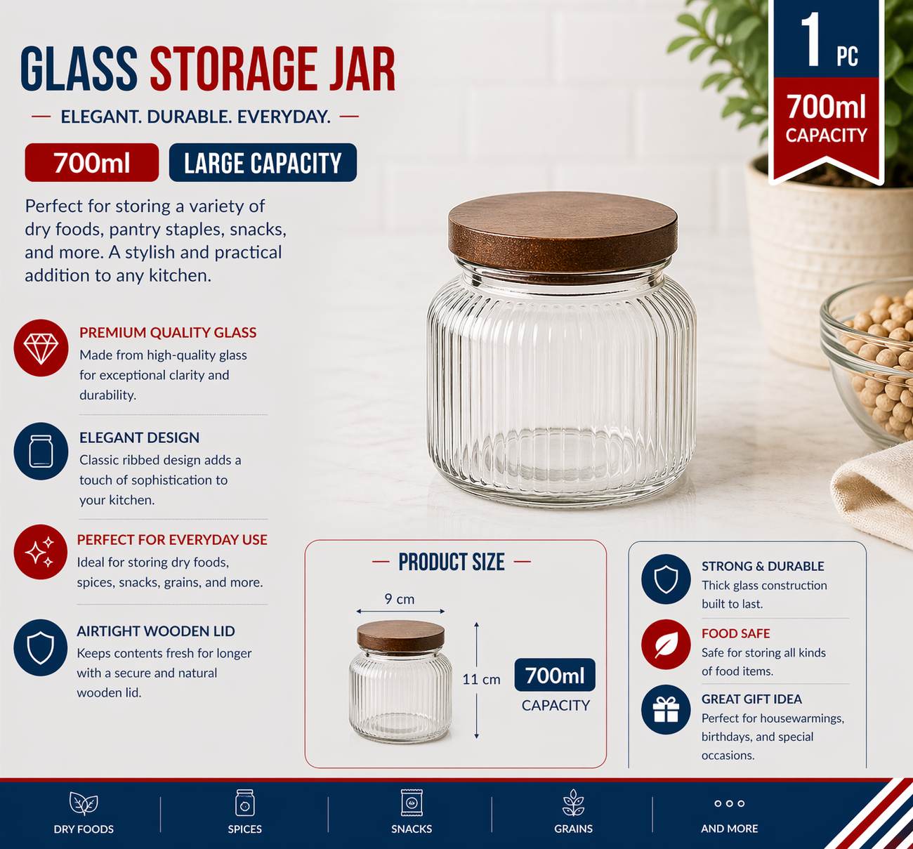 700ml Glass storage jar  9*11cm