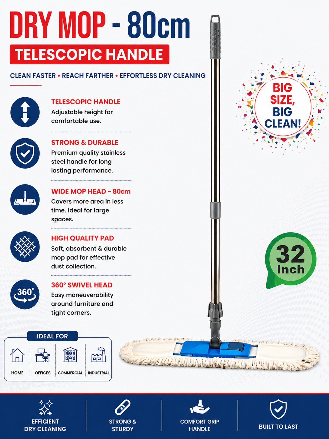 Dry Mop - Telescopic Handle - 80cm