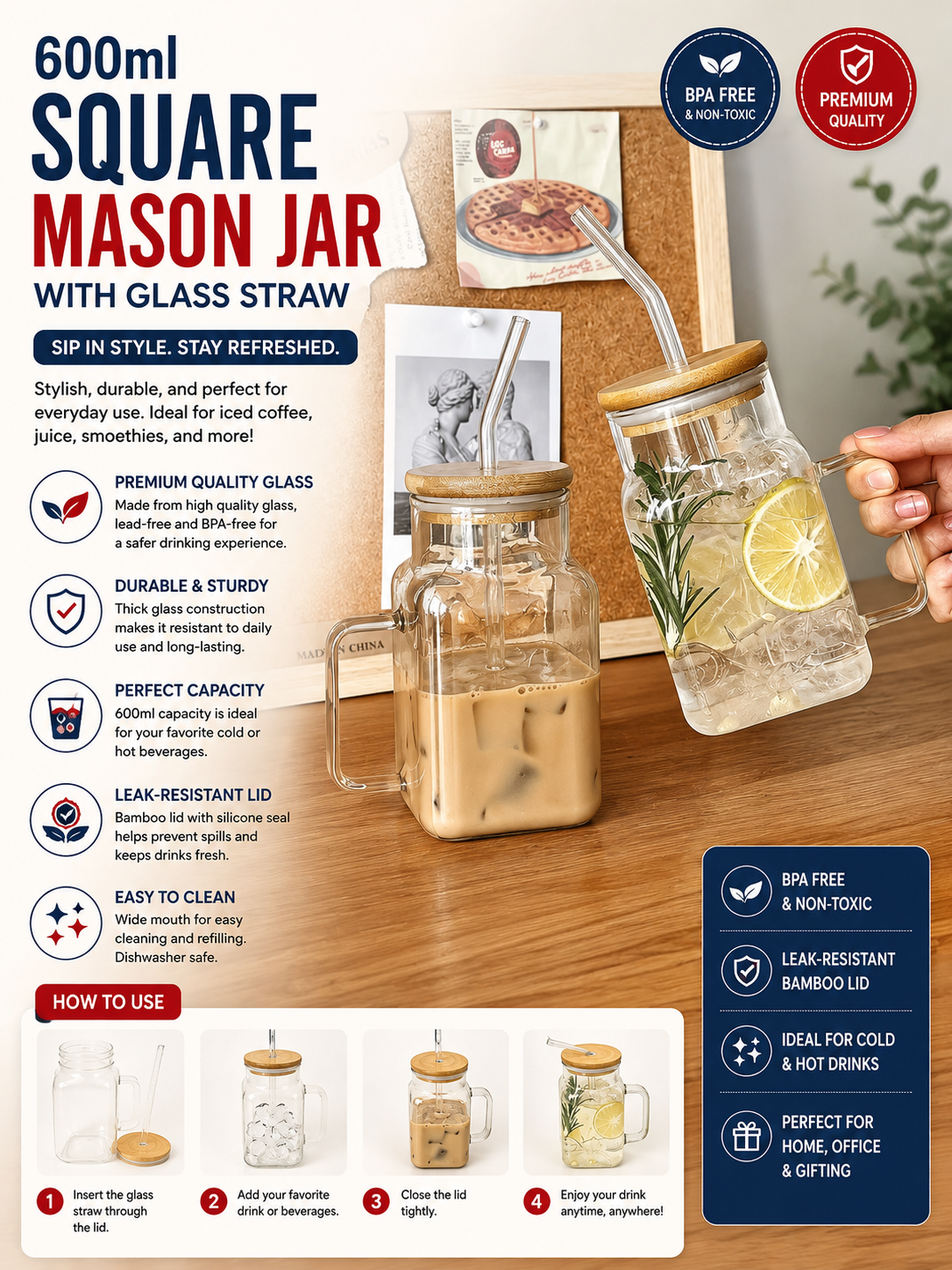 600ml SQ Mason Jar with Straw 30592