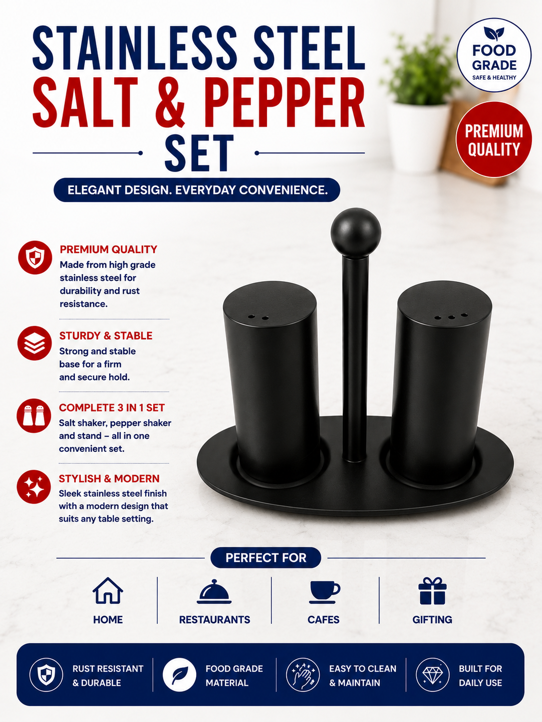 Stainless Steel Salt & Pepper Set (Toothpick & Serviette Holder)