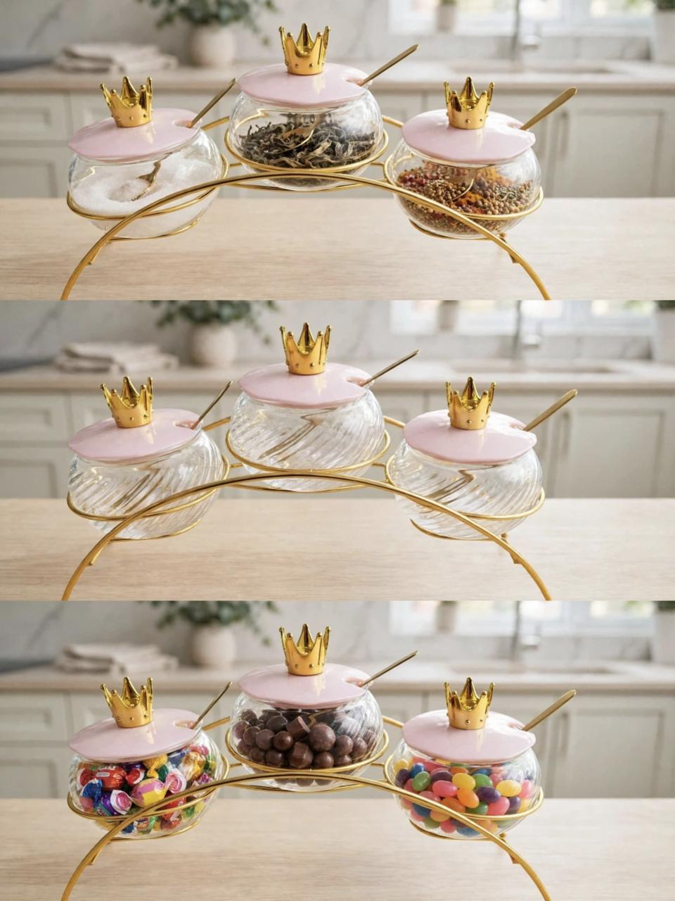 3PC Crown Glass Spice & Condiment Jar Set